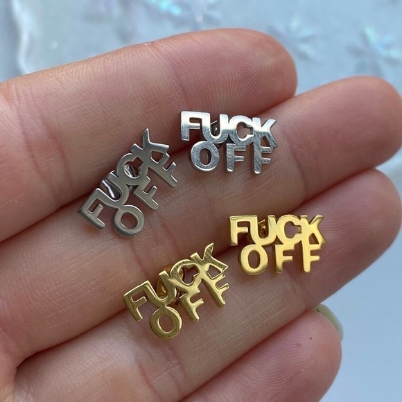 NEW 18K Gold Plated “F*ck Off” Post Stud Earrings Over 316L Stainless Steel - Picture 5 of 6